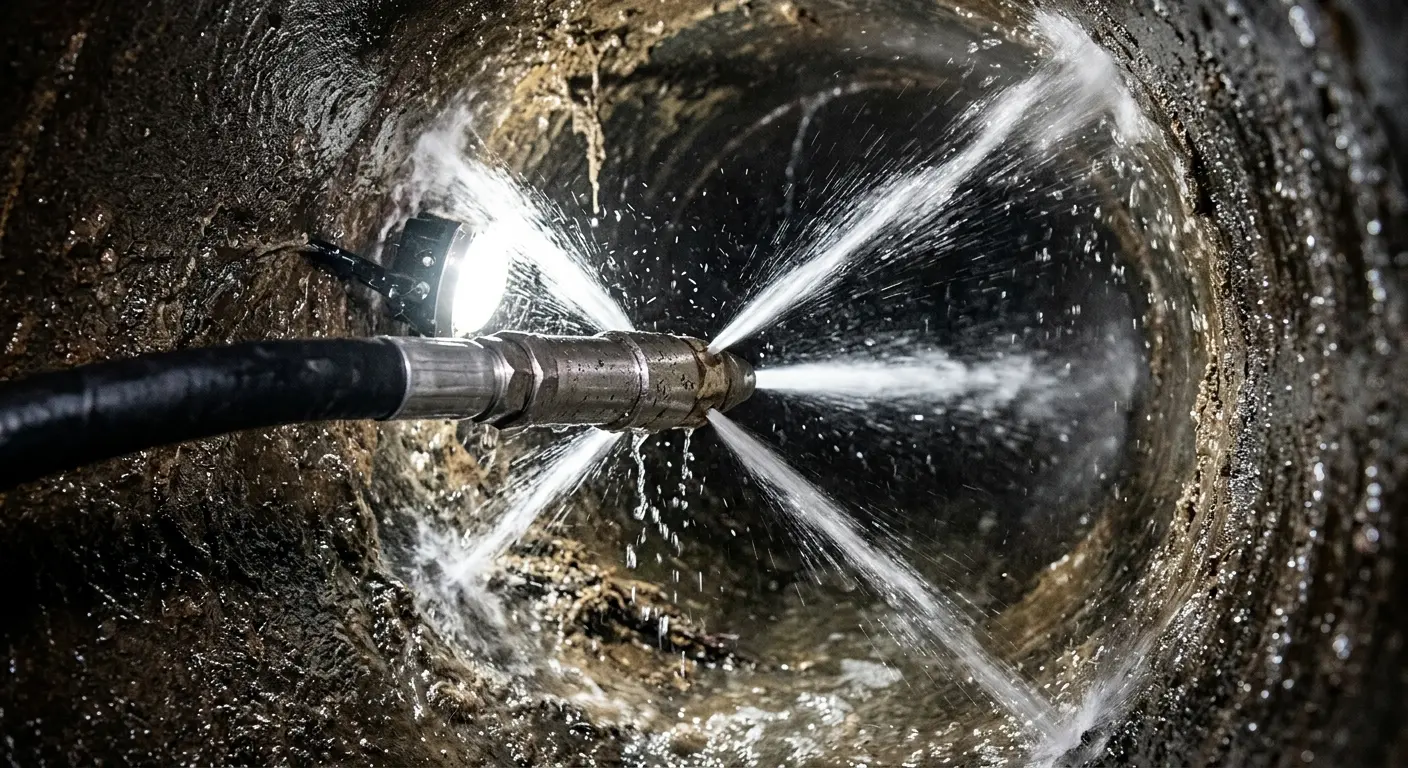 High-pressure hydro jetting nozzle cleaning sewer pipe for Emergency Drain Service in California