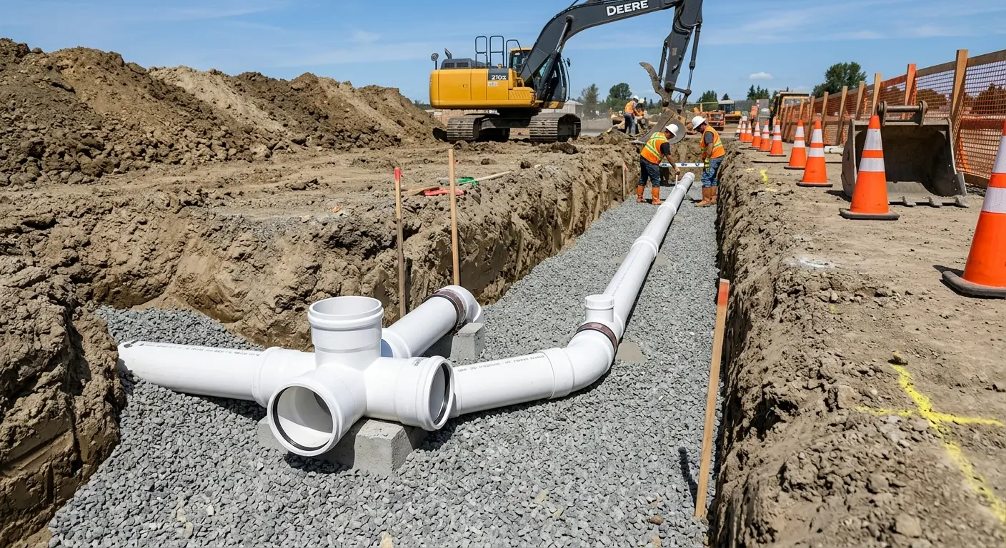 New PVC sewer pipe installation in open trench for Grease Trap Cleaning in California