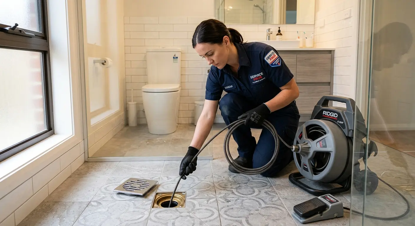 Technician clearing a bathroom floor drain for Drain Repair in California